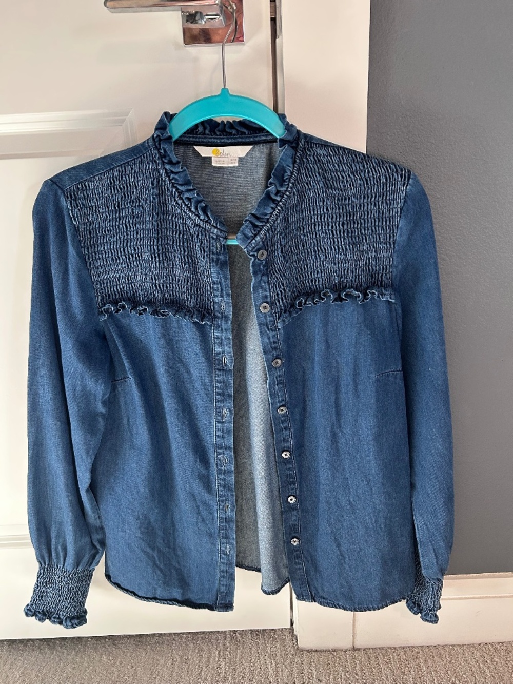 Boden Chambray Denim Smocked Button-Up Top Sz 6
